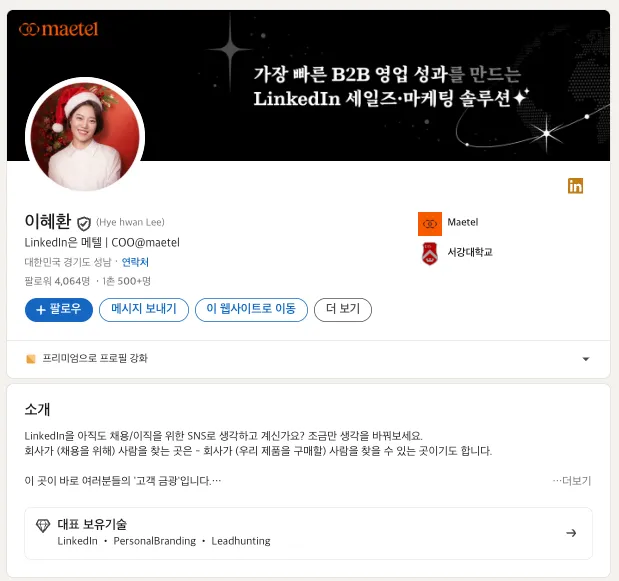 명확한 정보를 전달해주는 메텔 COO 이혜환님의 링크드인프로필